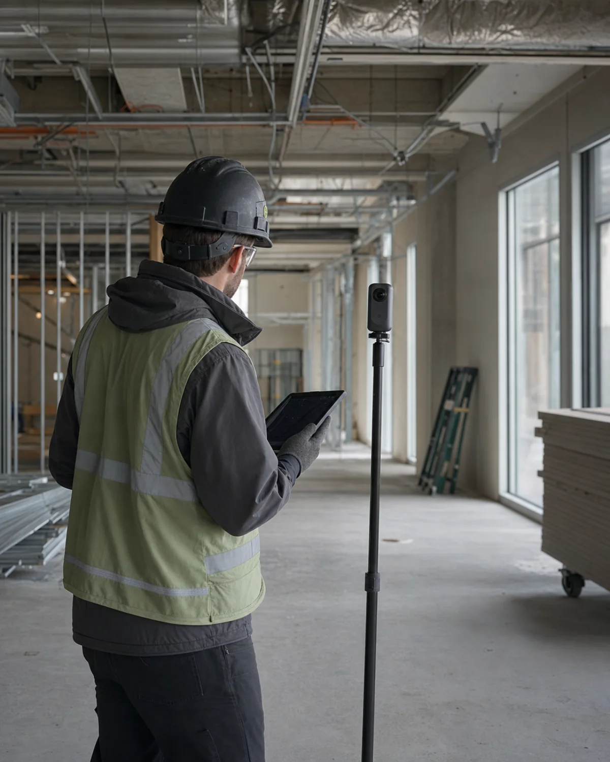 Construction specialist reviewing 360 degree progress documentation on a tablet